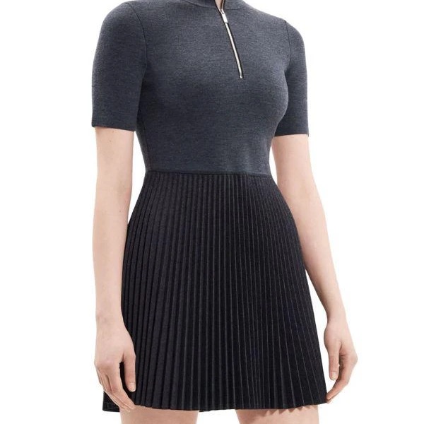 Theory Zip-Up Combo Dress In Blended Wool Flannel